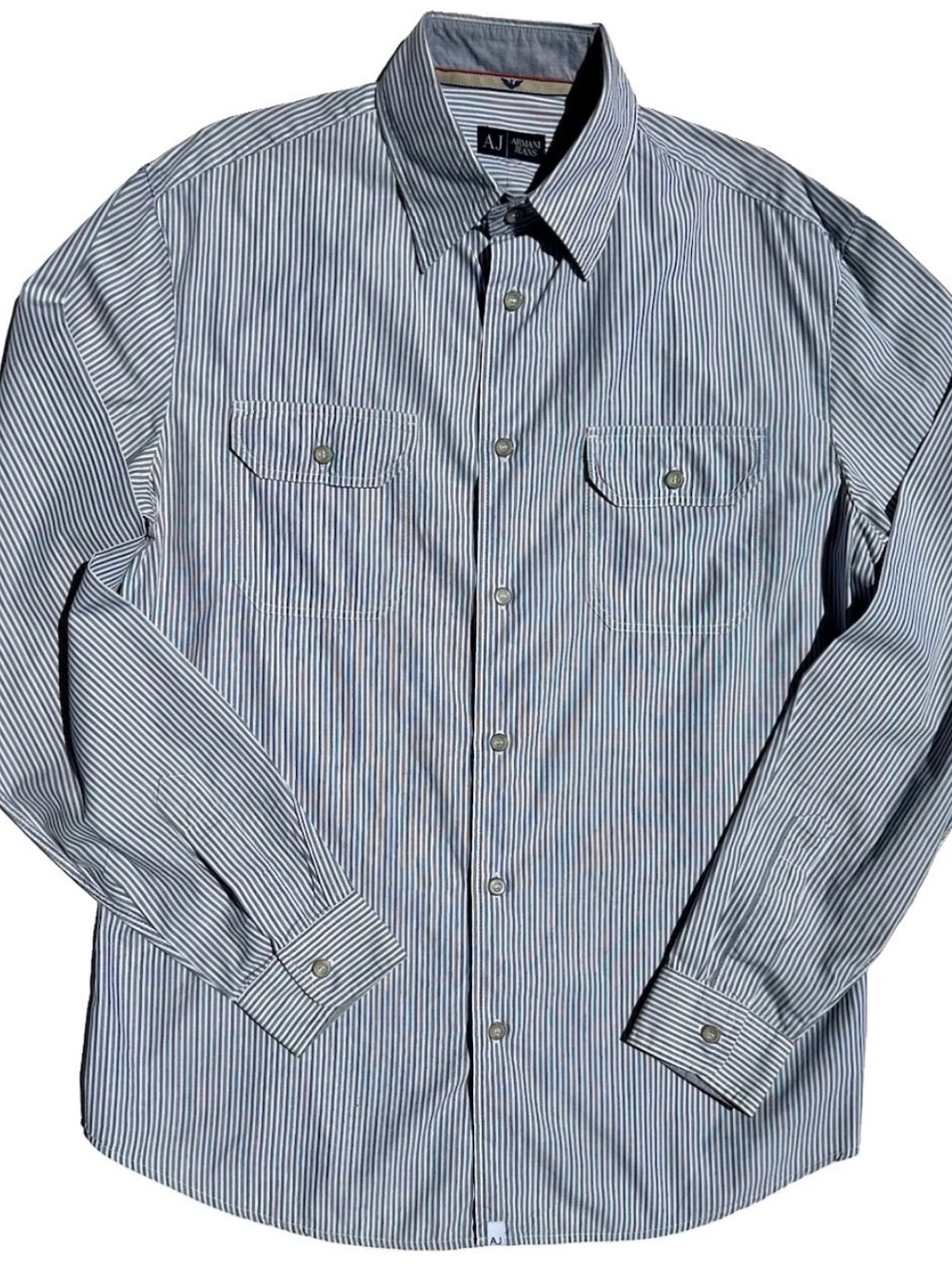 Armani Jeans Men's Gray and White Pinstripe Button-Down Shirt, L, 16.5”